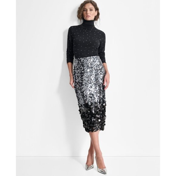 DKNY Women's Multi-Scale Sequin Pull-On Midi Skirt Size L Black MSRP $149